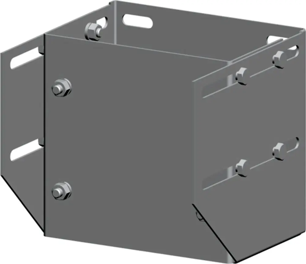 Edelstahlbauteil mit quadratischer Form und mehreren Befestigungslöchern, wahrscheinlich für Wandkonstruktionen. Produkt von Wolf.
